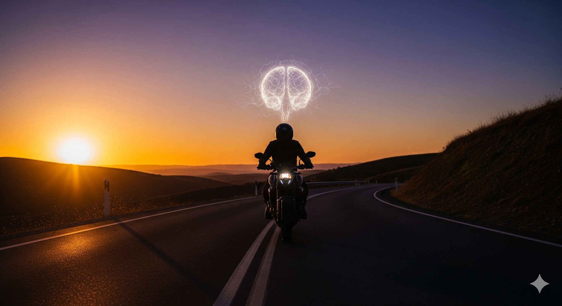 Rider on an open road at sunset with a glowing mind — the transformation from burnout to clarity.