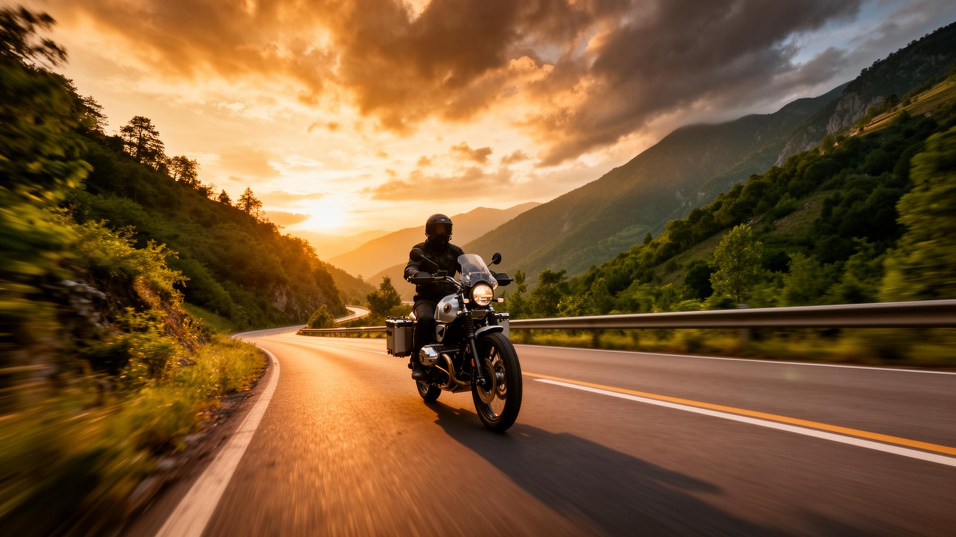 Motorcyclist riding through mountains at sunset